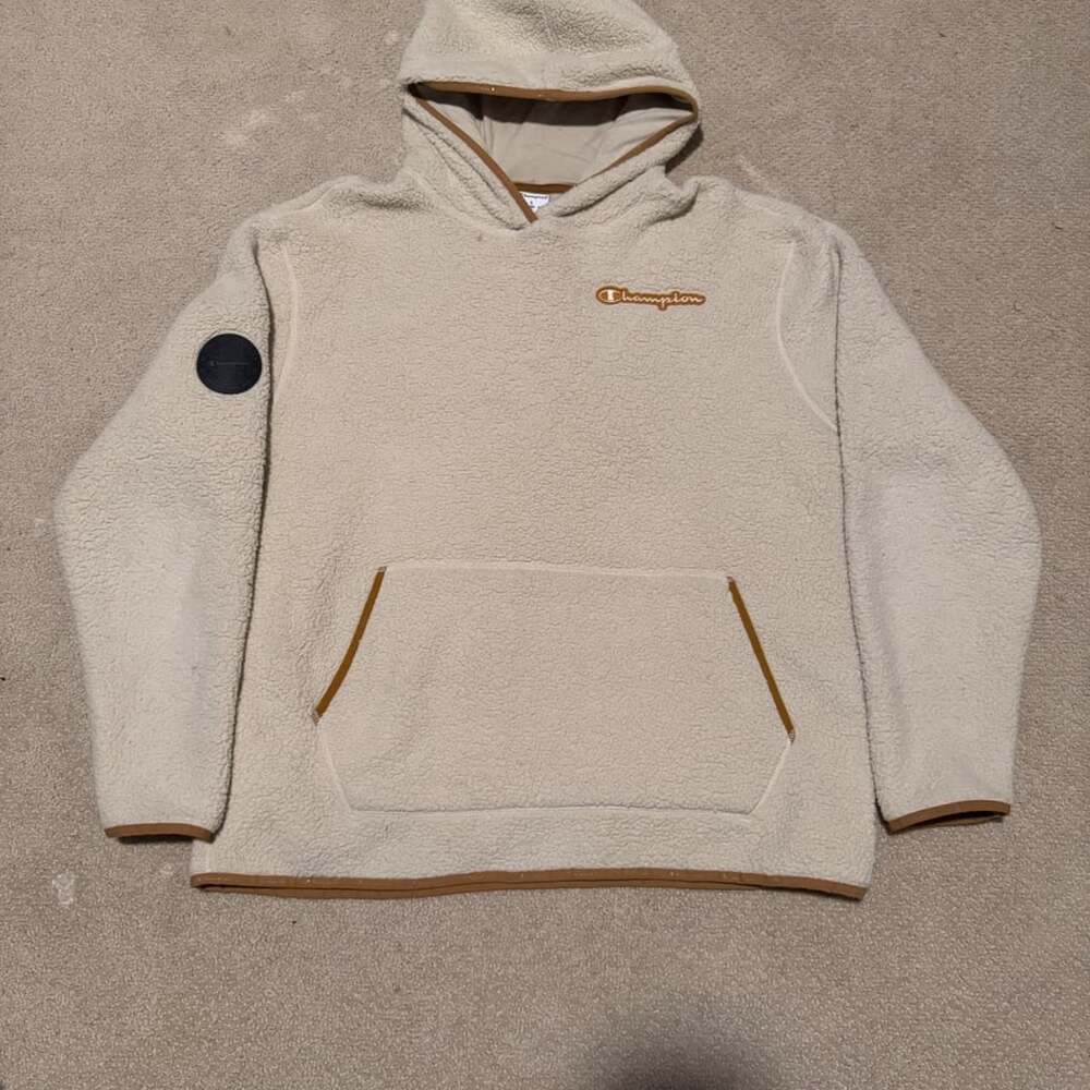 Champion Sherpa Fleece Hoodie Size L Tan Brown Trim